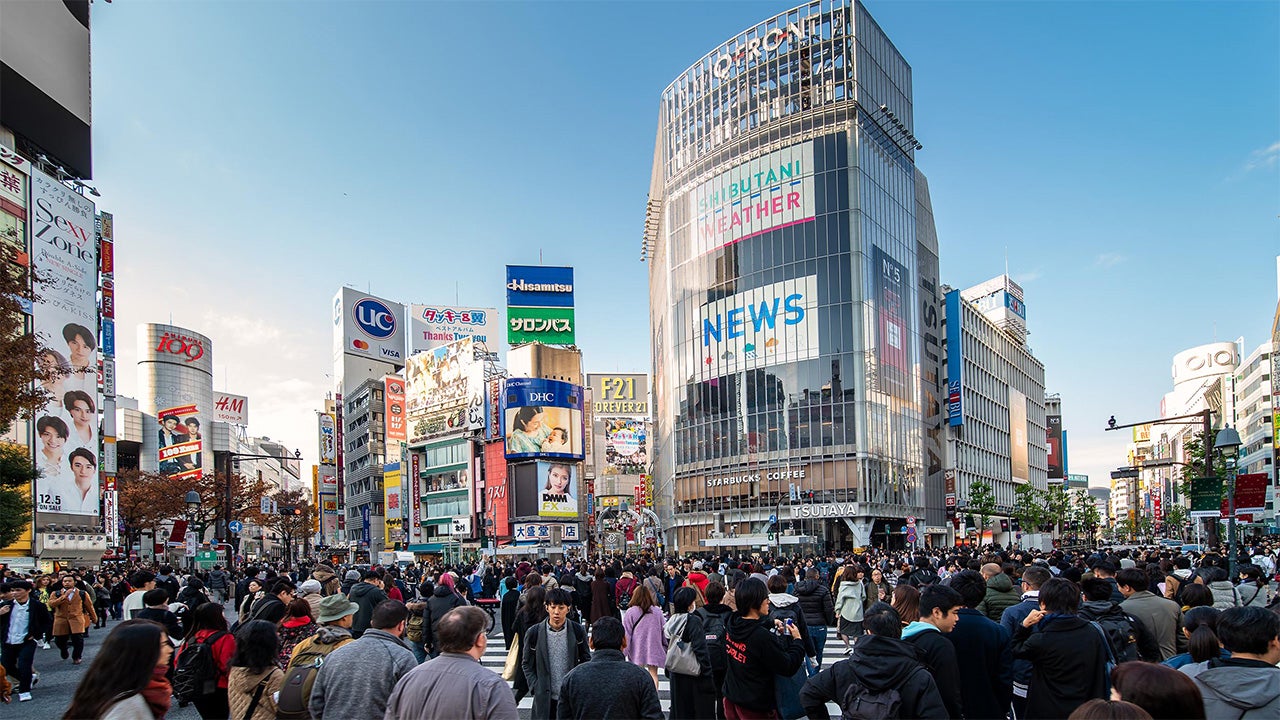 View of Shibuya Crossing in Tokyo, one of the busiest crosswalks in the world.