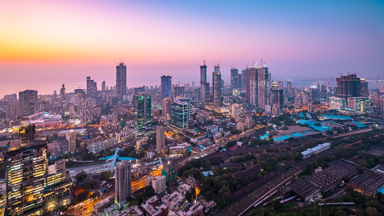 Colourful hues of the sky over the cityscape of Mumbai at dusk, as seen from Currey Road.