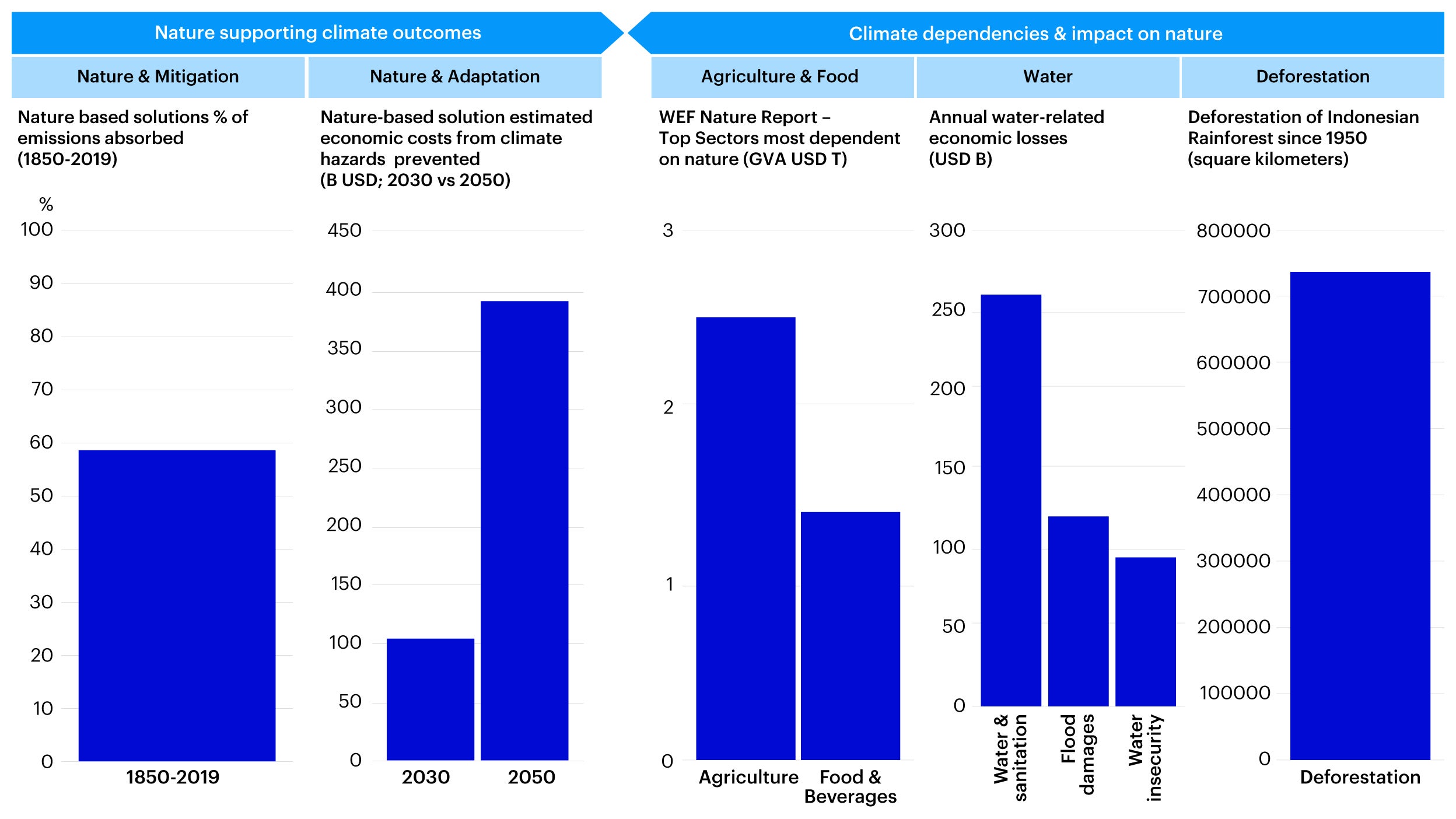 Figure 2 – Nature-based solutions drive mitigation and adaptation while climate dependencies impact natural capital 