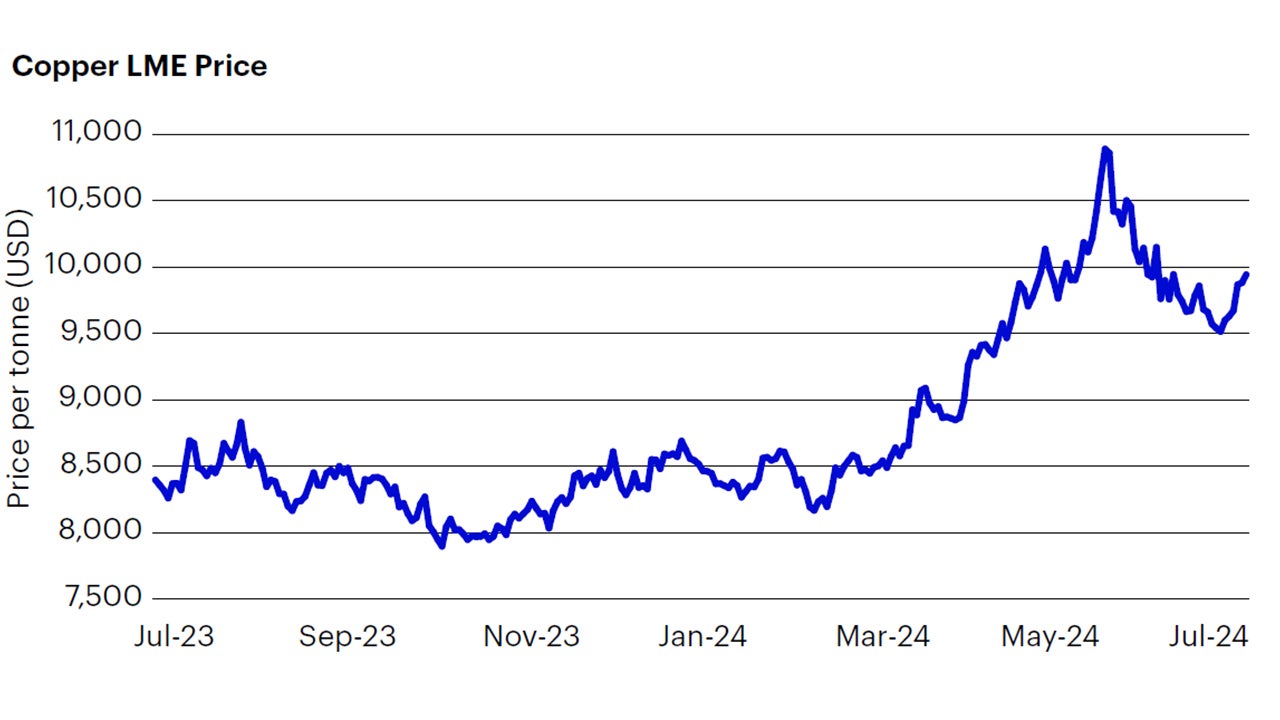 Figure 4: The price of copper has increased significantly over the past year and the push for renewable energy and technology should further boost demand