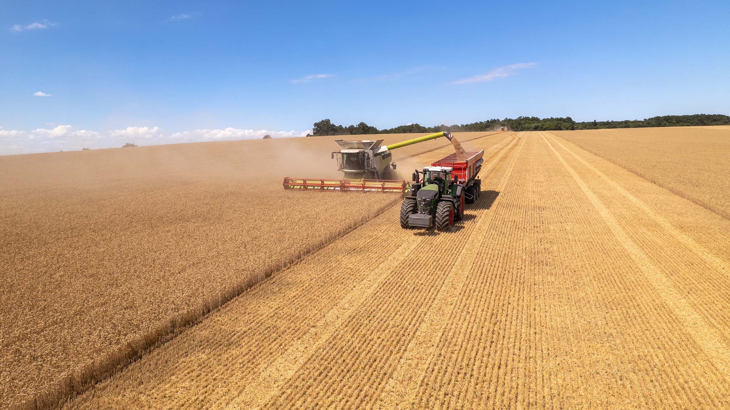 Vehicles harvesting crops in a field