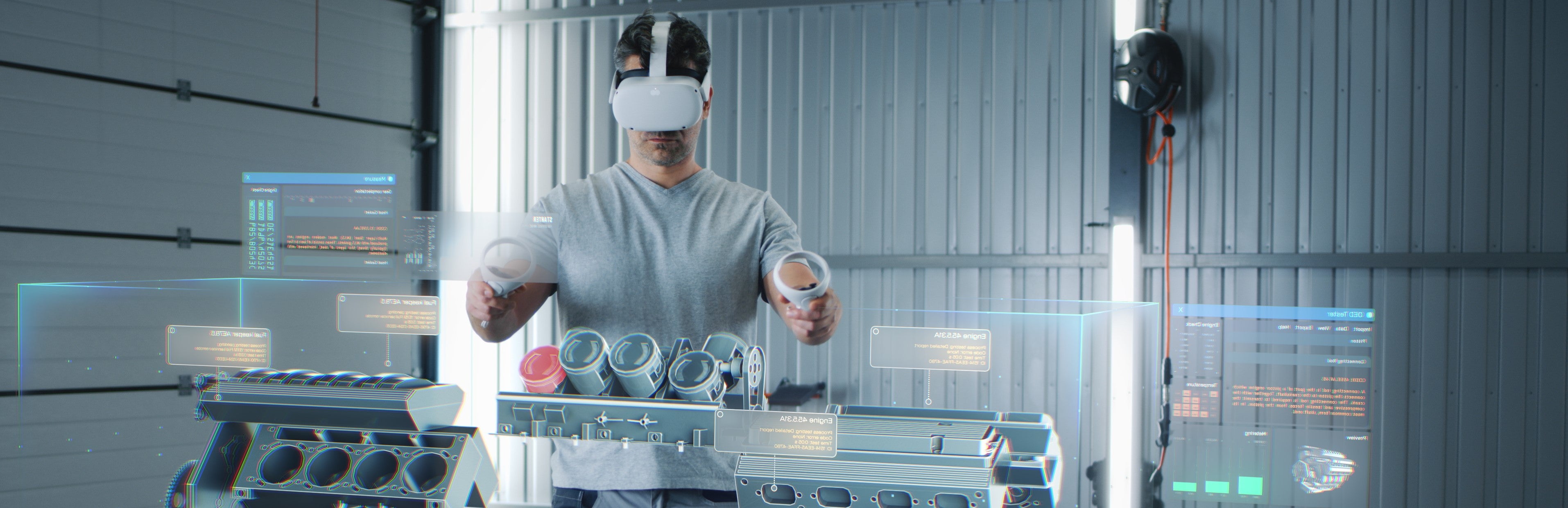 A person using a virtual reality headset and controllers interacts with holographic digital displays in a workshop