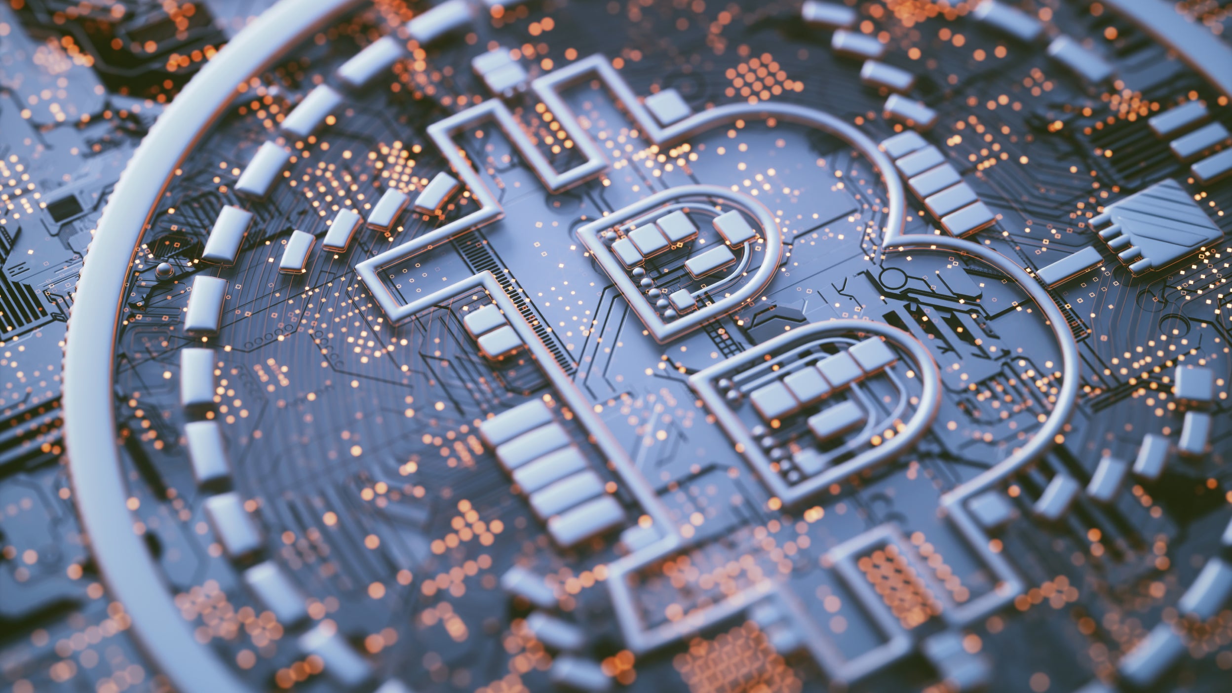 Bitcoin logo on circuit board, illustration.