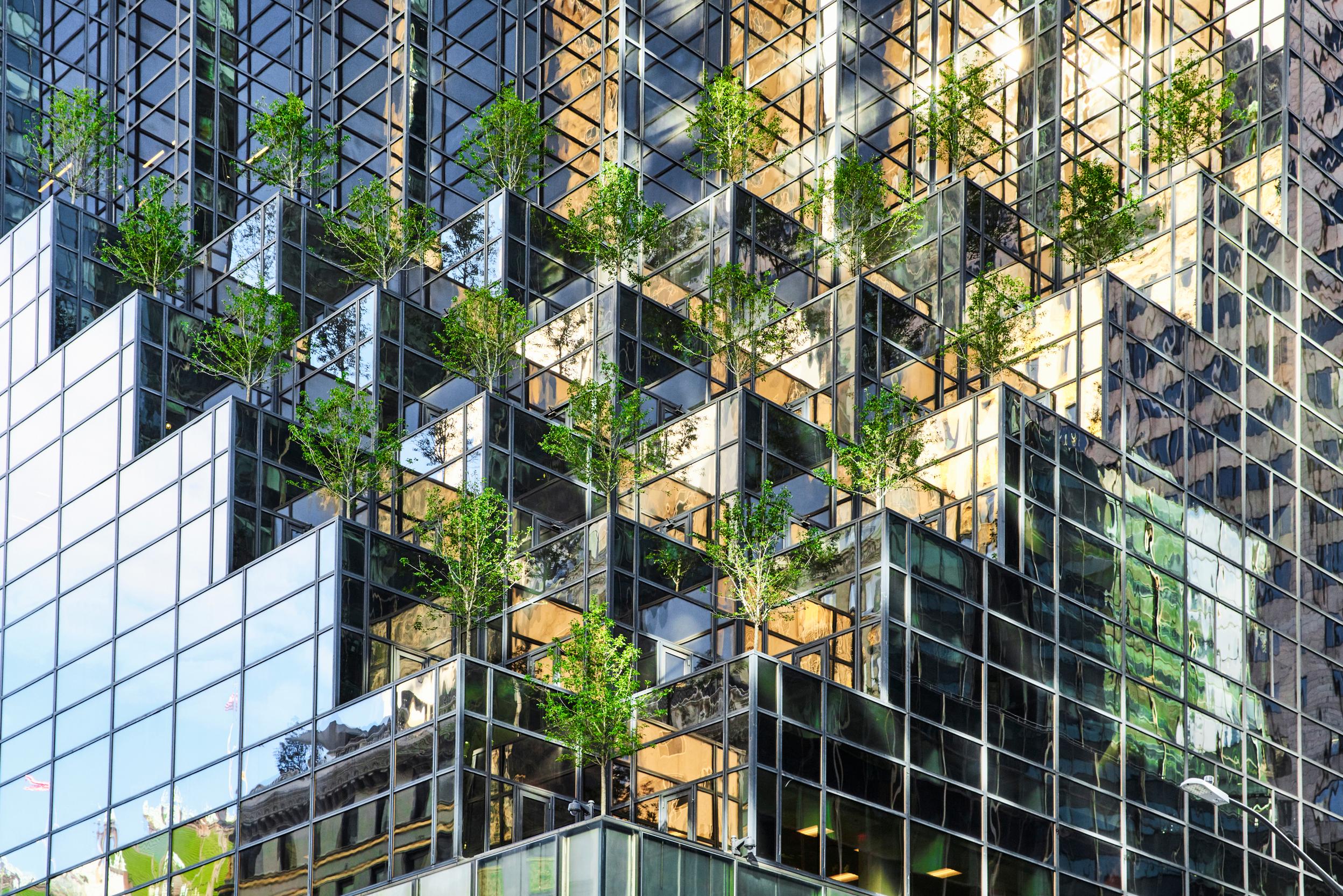 High angle view of a mirrored skyscraper with a modern trees installation on the facade, New York, USA