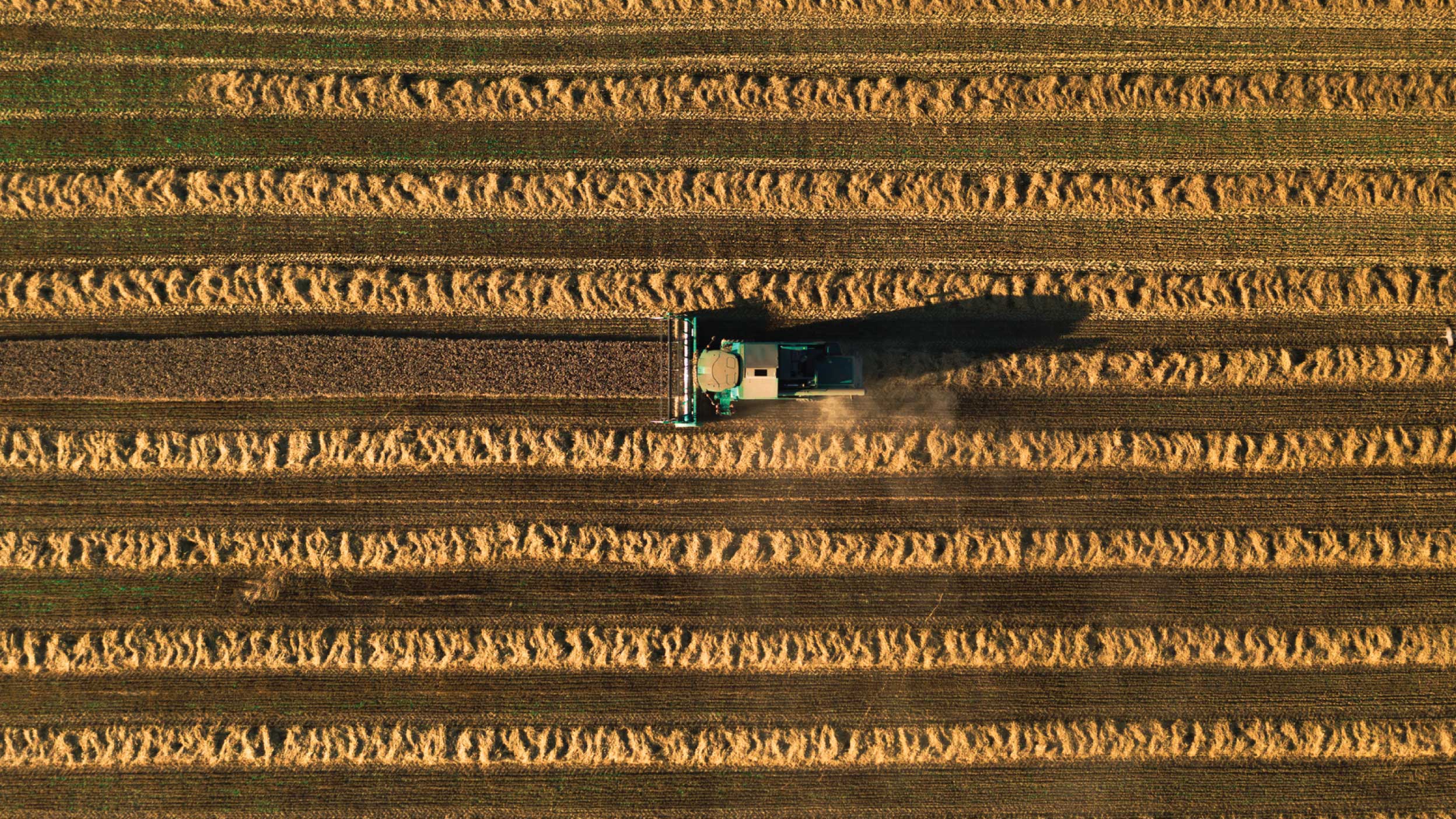 Aerial view of a tractor working in a vast green field under a clear blue sky.