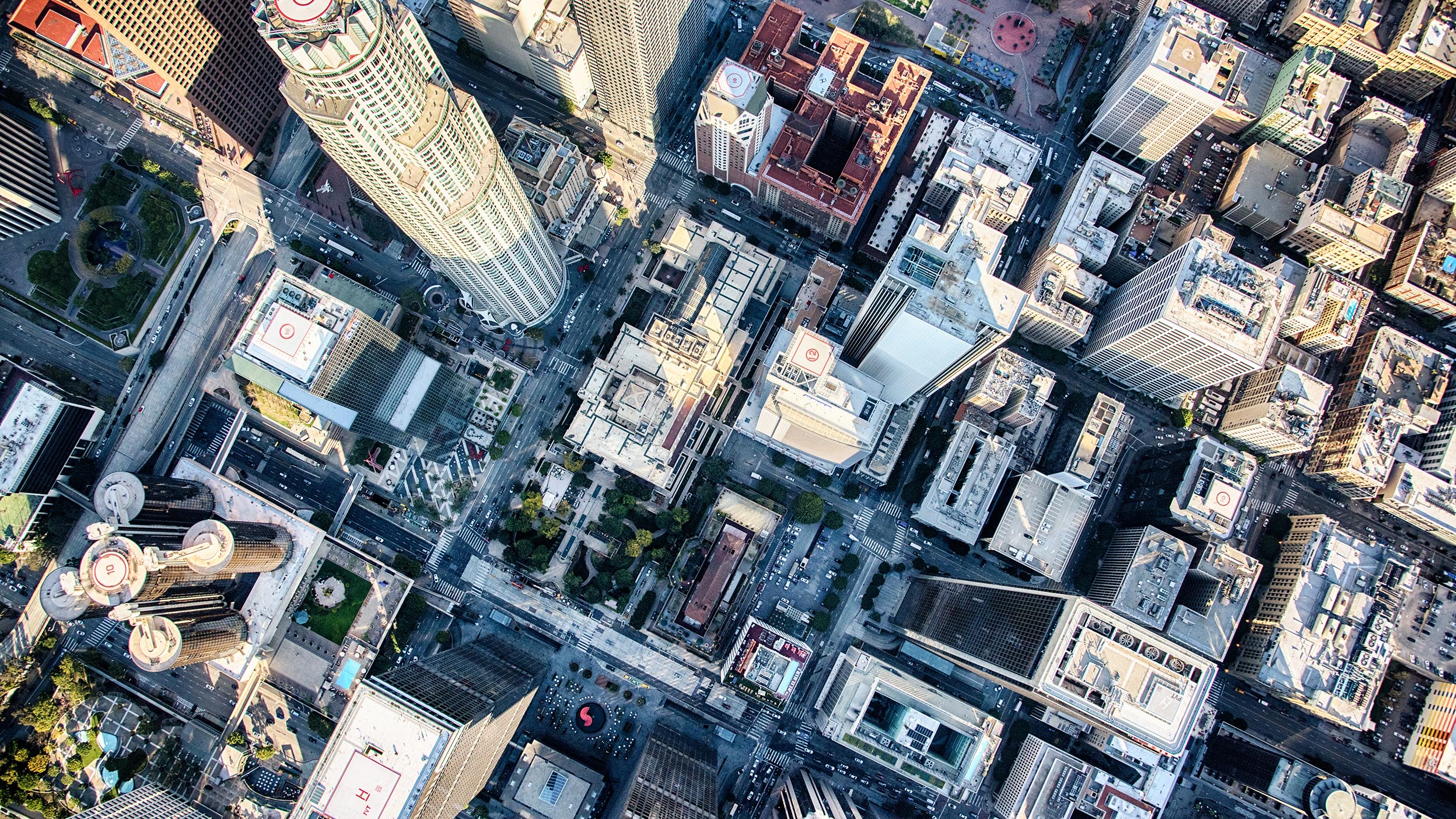 The downtown buildings of Los Angeles, California, shot from an altitude of about 2000 feet directly over the center of the city.