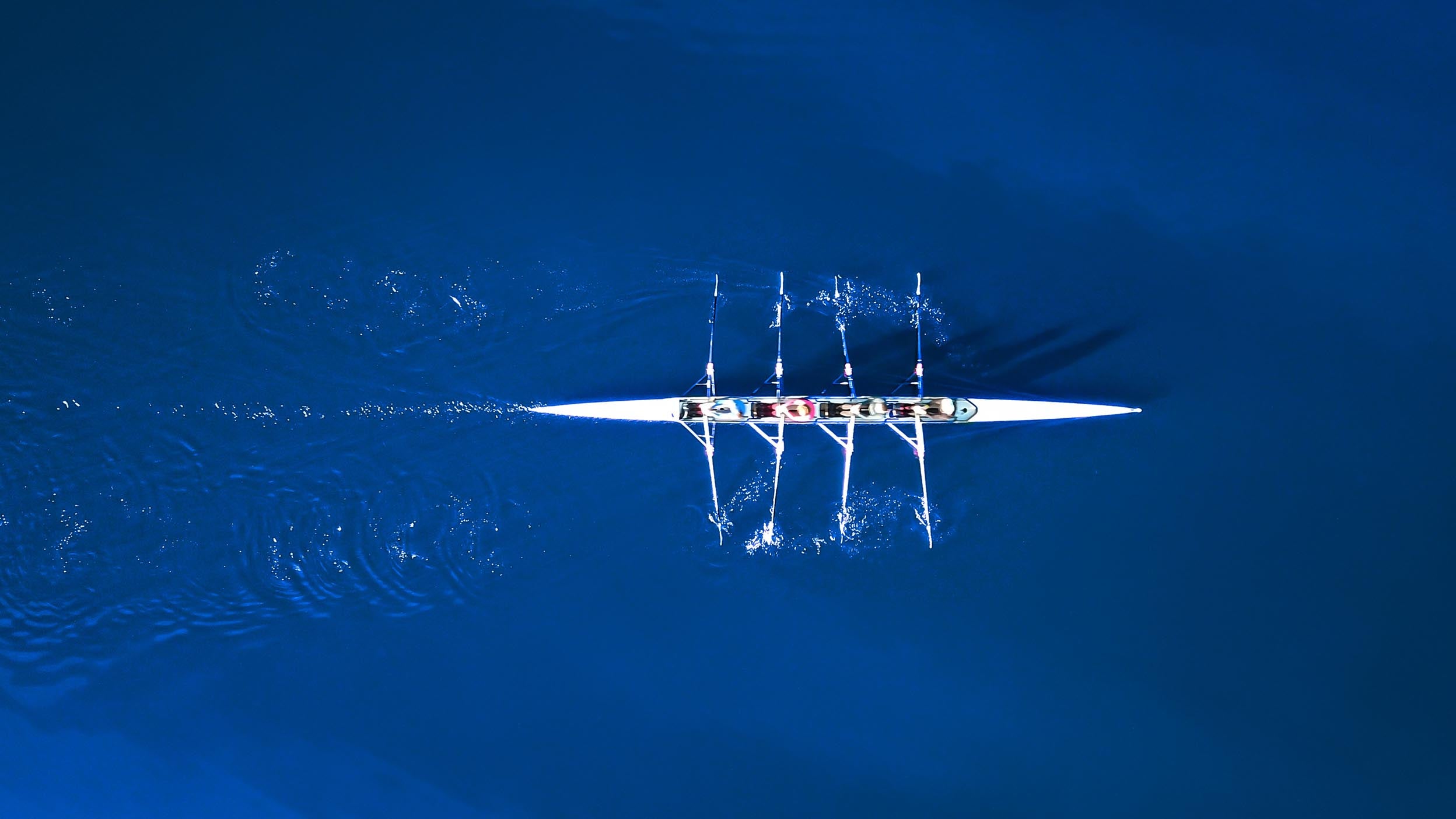 An ariel view shows four competitive rowers in a boat collaborating their oar movement for smooth, efficient movement through a body of water.