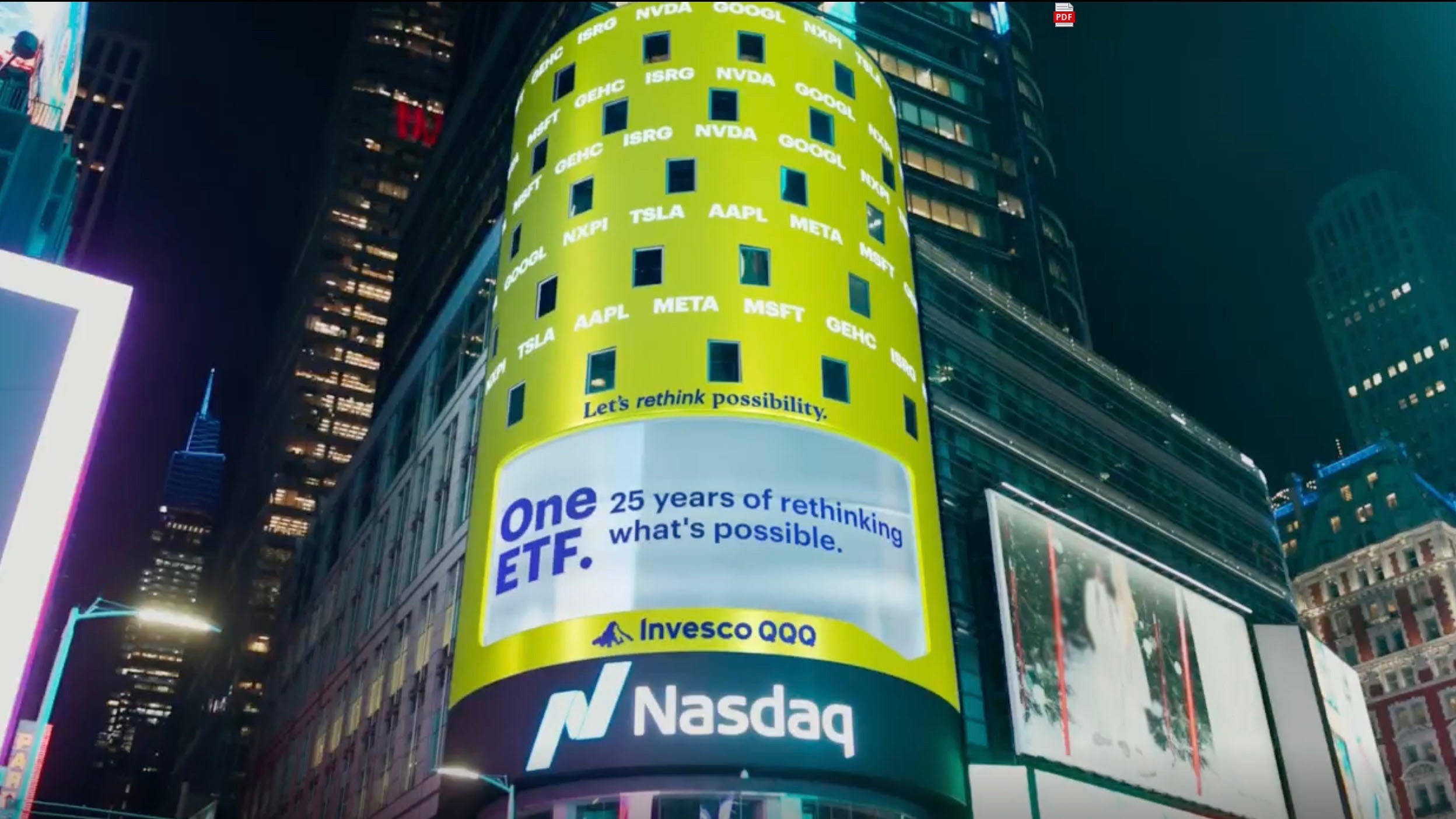 The Nasdaq tower in Times Square New York showcases the Invesco QQQ ETF logo. Invesco QQQ, which crossed $300B AUM on October 18th, 2024, is listed by Nasdaq.