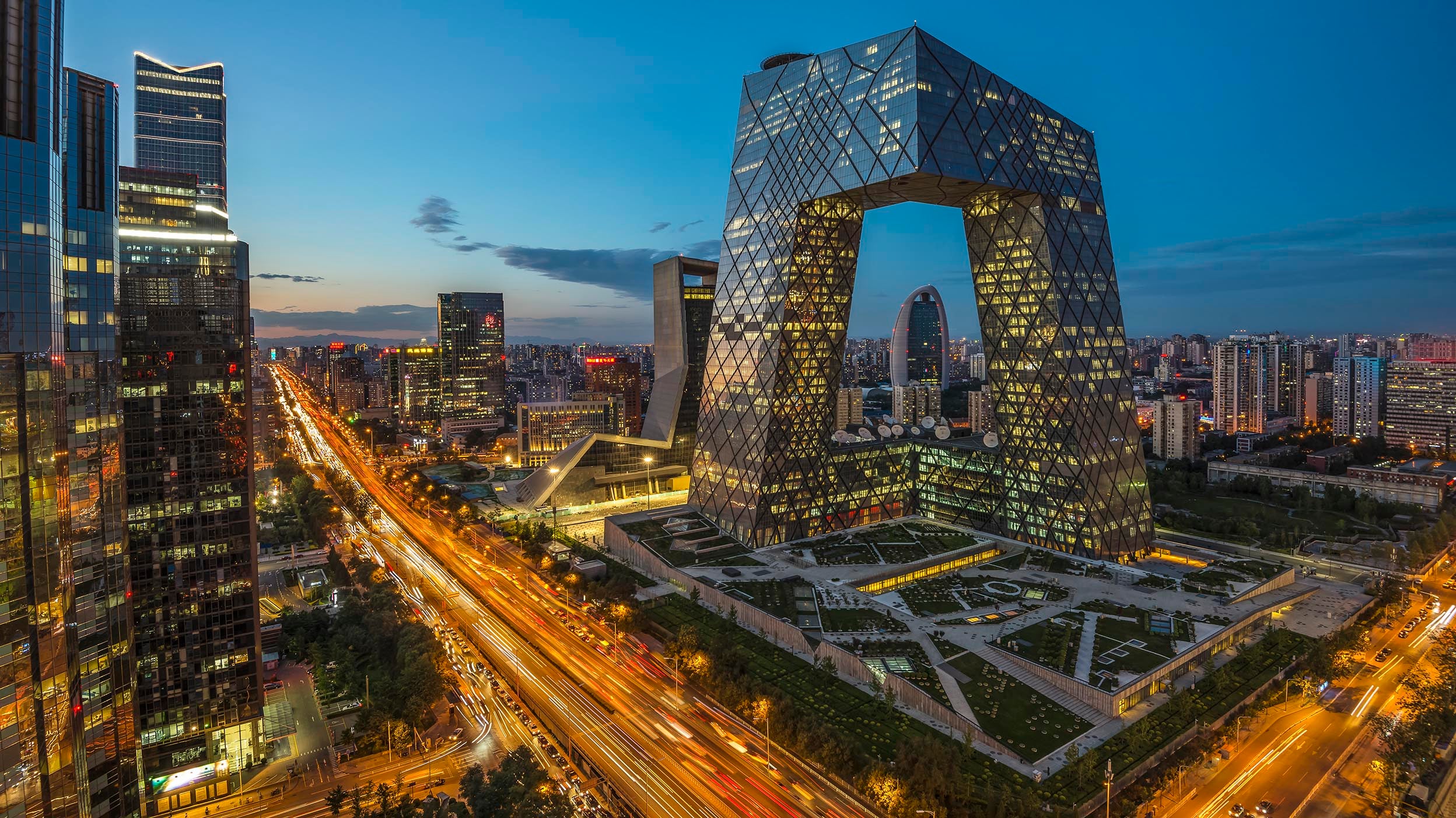 Night on Beijing Central Business district buildings skyline, China cityscape