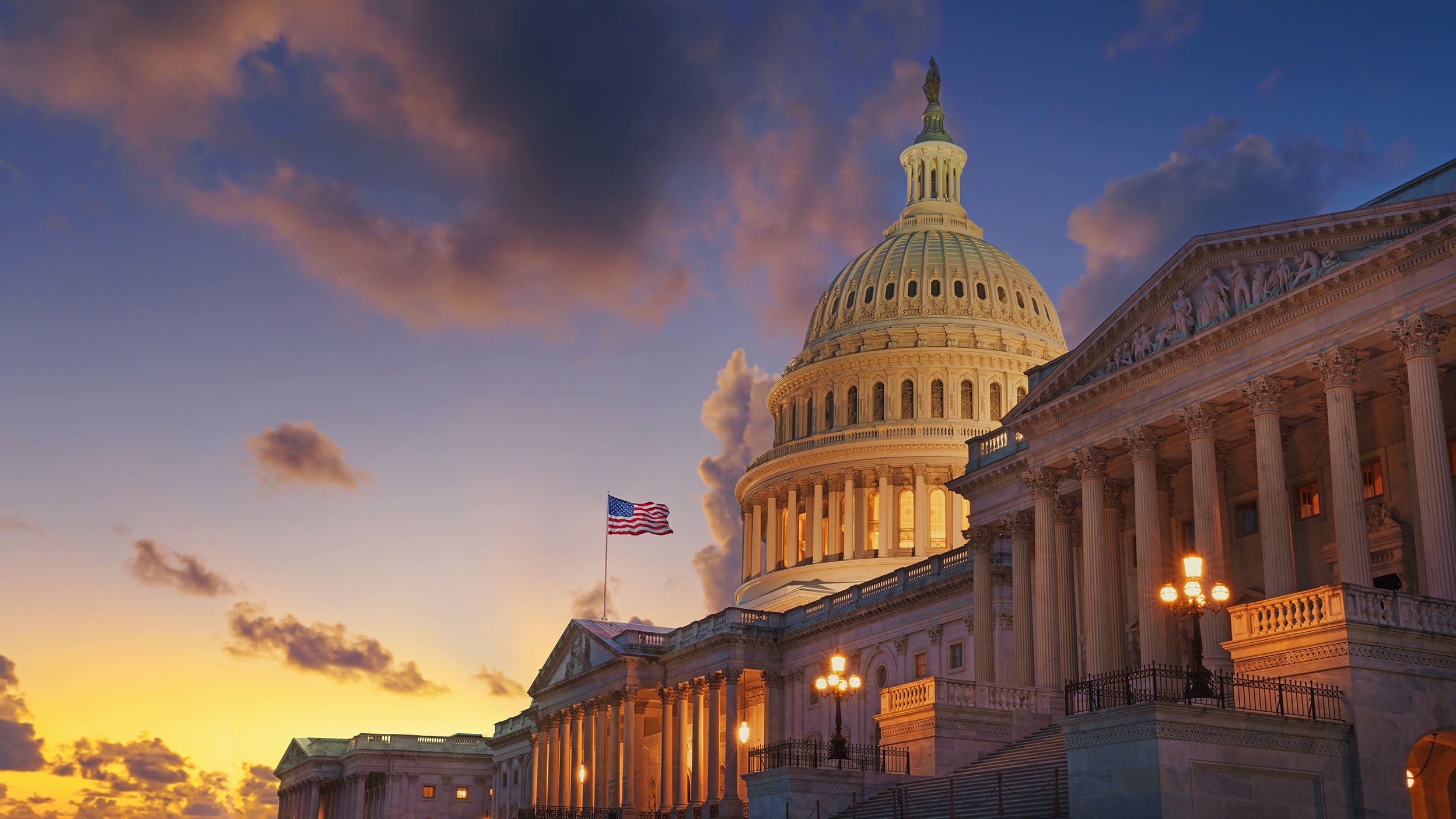 View of government building in the sunset