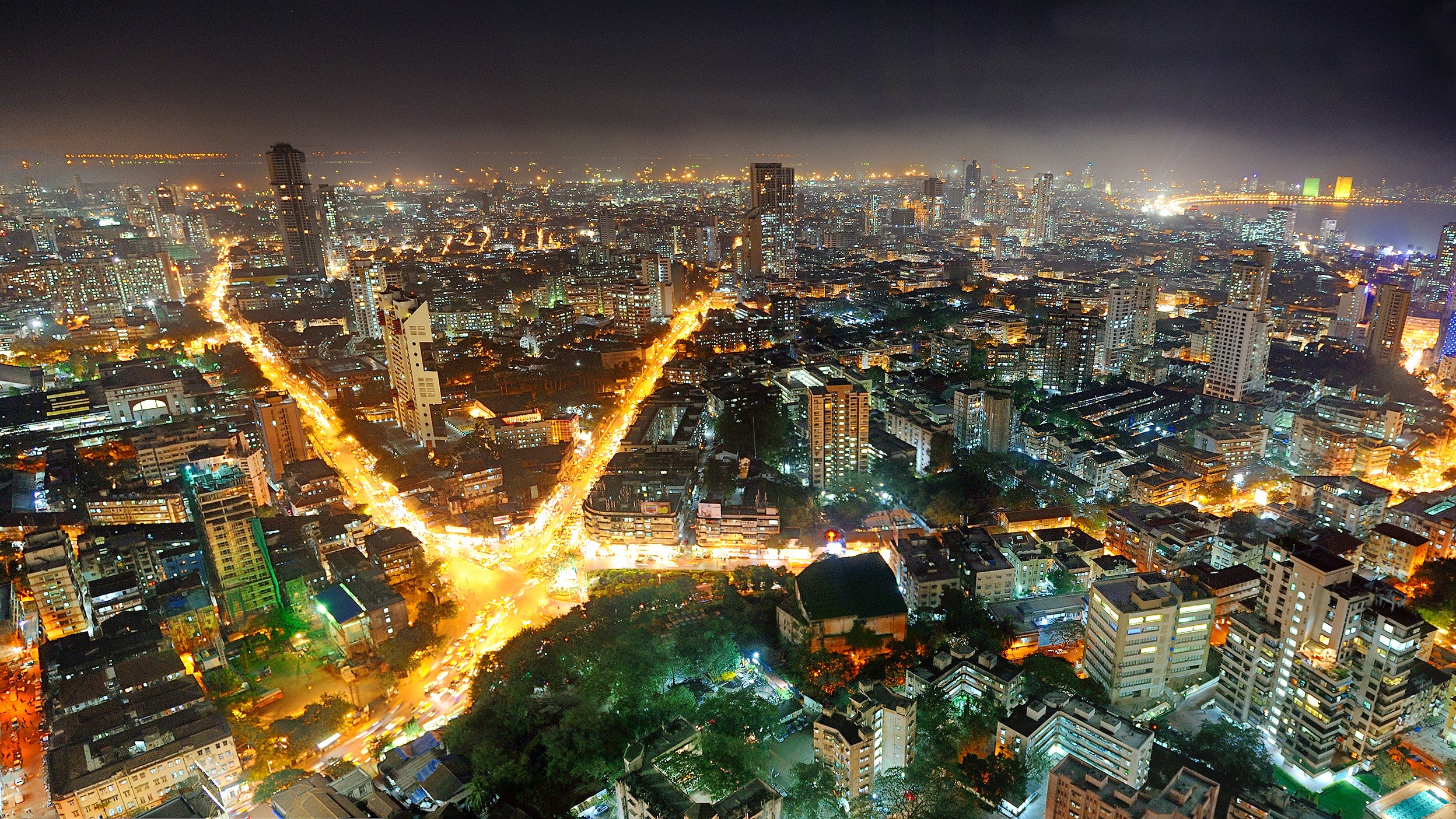 Aerial view of city at night